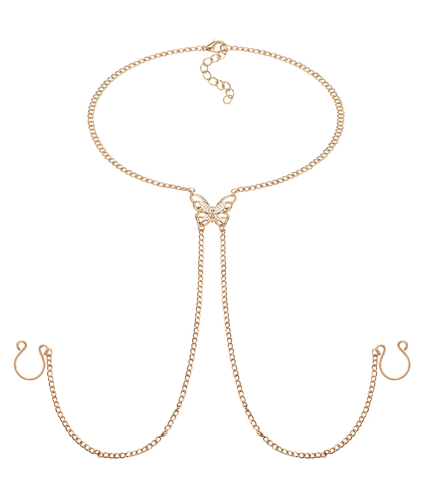 Gold body chain with attached earrings on a white background “Gold body jewelry set featuring a butterfly charm, adjustable chain, and matching clip-on earrings on a white background”