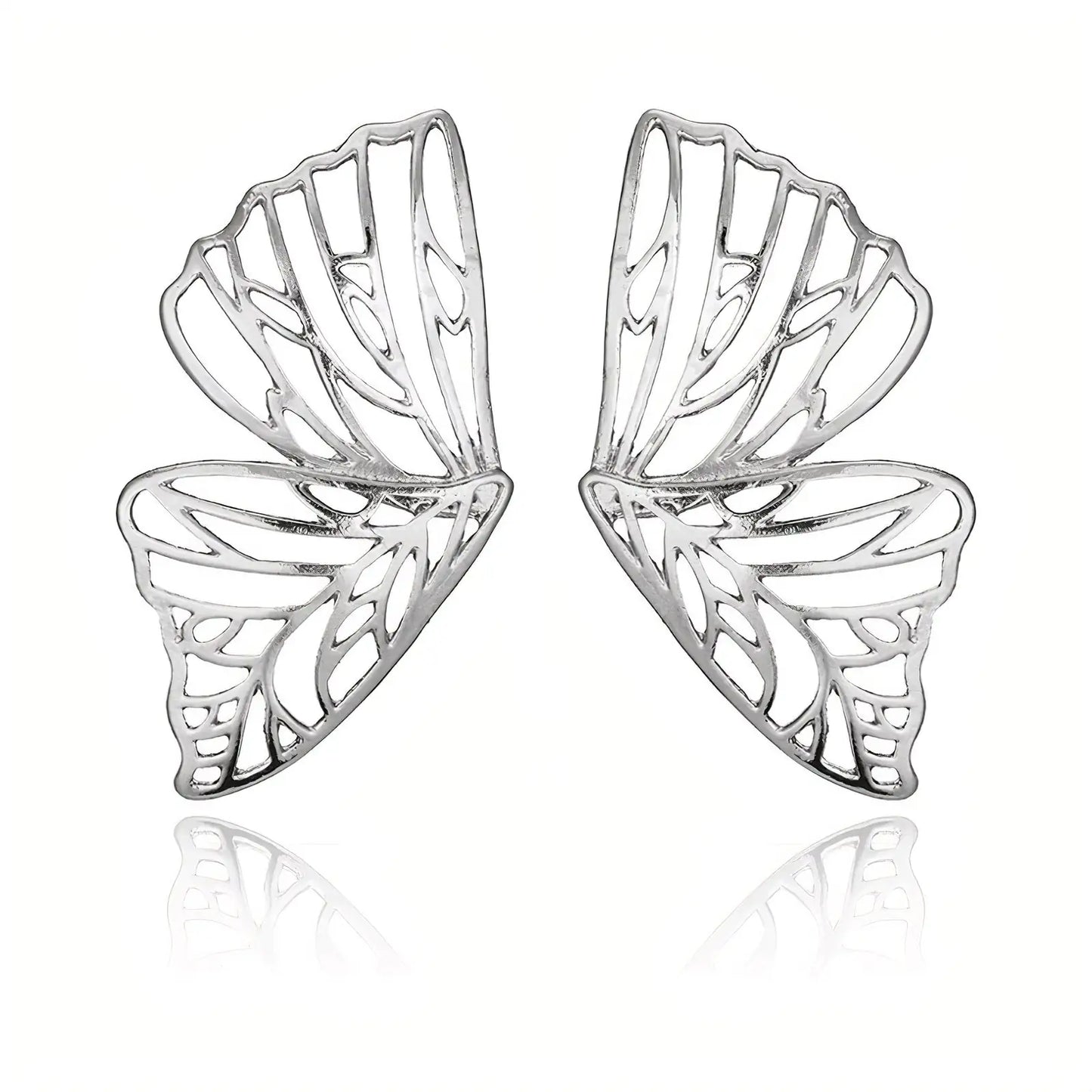 Silver butterfly-shaped earrings on a white background