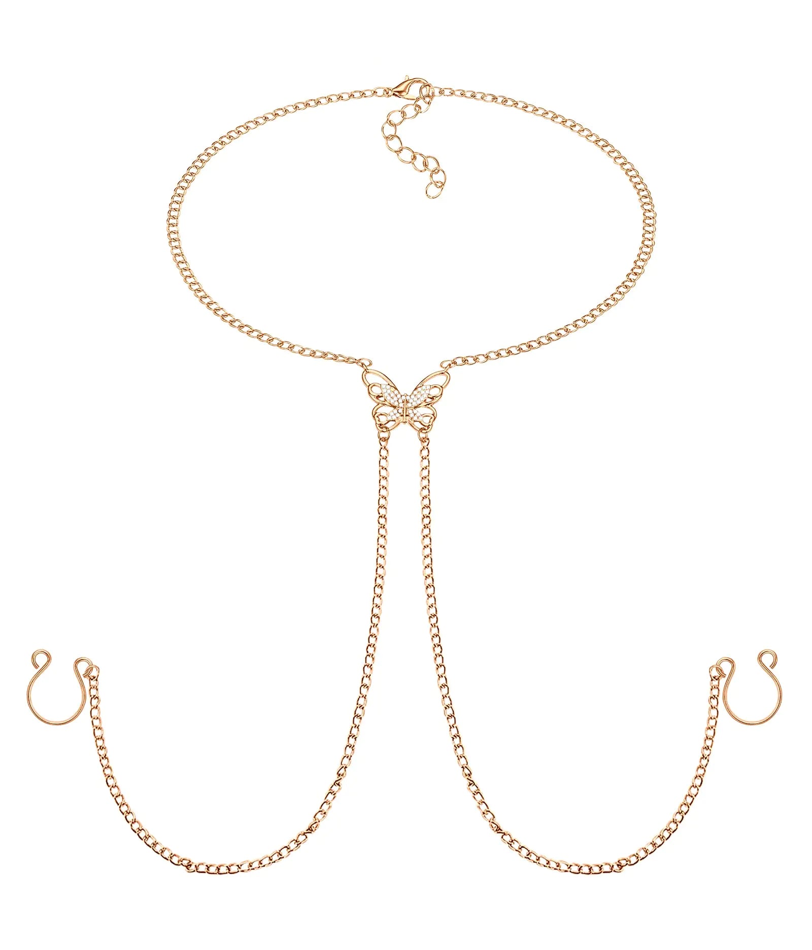 Gold body chain with attached earrings on a white background “Gold body jewelry set featuring a butterfly charm, adjustable chain, and matching clip-on earrings on a white background”
